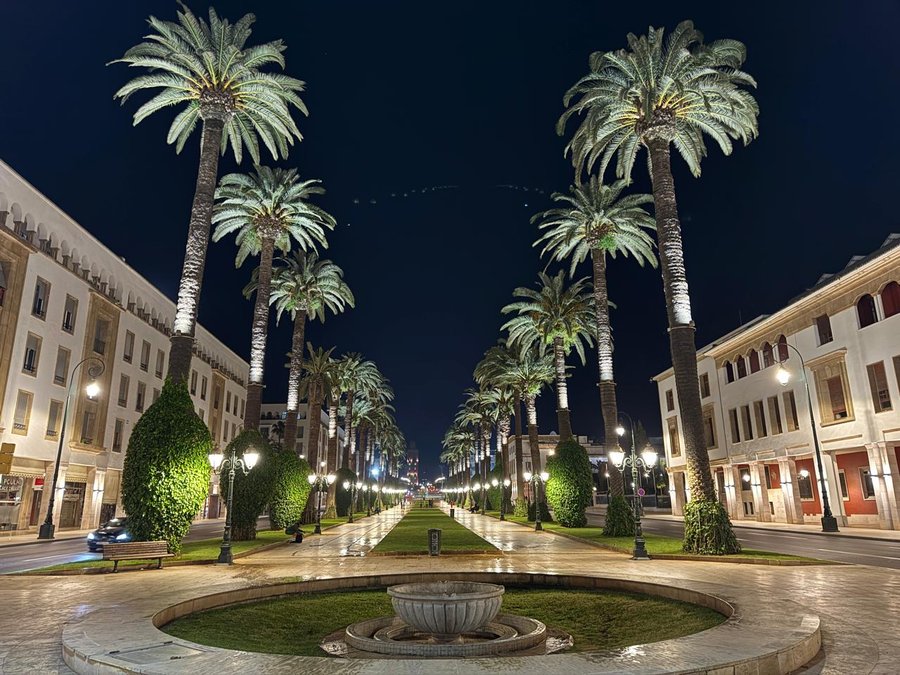 Avenue Mohammed V at night — Rabat Medina & Ville Nouvelle, palm-lined UNESCO boulevard illuminated after dark